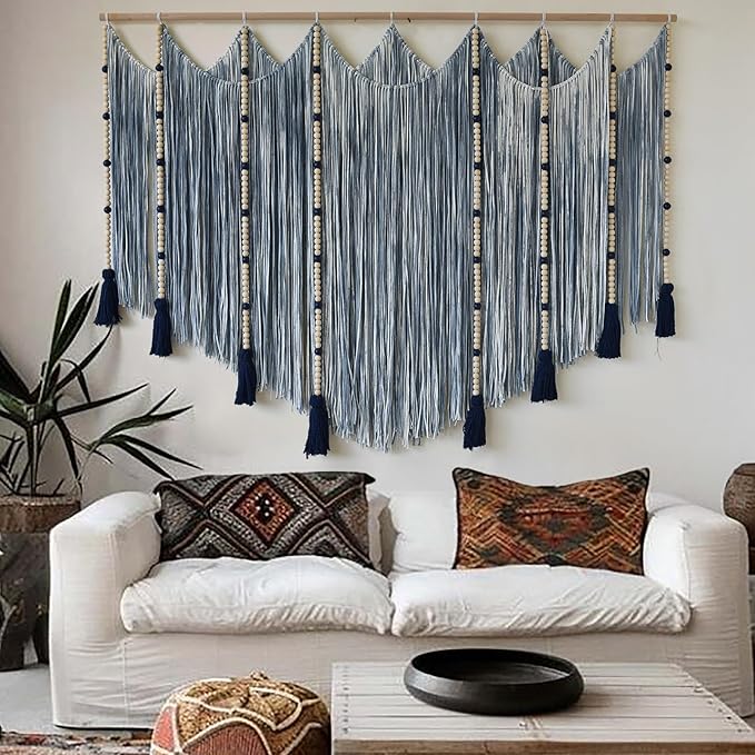 Jakalin Macrame Wall Hanging Blue dip dye Handcrafted Decorative Art for Living Room Bedroom or Office Boho Chic Modern Wall Decor with Unique Beadwork 57" W × 43" L