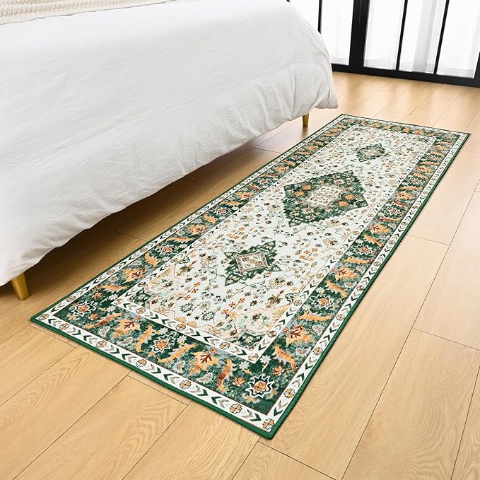 Amearea Vintage Design Runner Rugs for Living Room, 2x6 Machine Washable Floral Collection Traditional Bedroom Rug, Low Pile Cute Kids Room Print Carpet, No Slip Office Kitchen Home Decor, Green