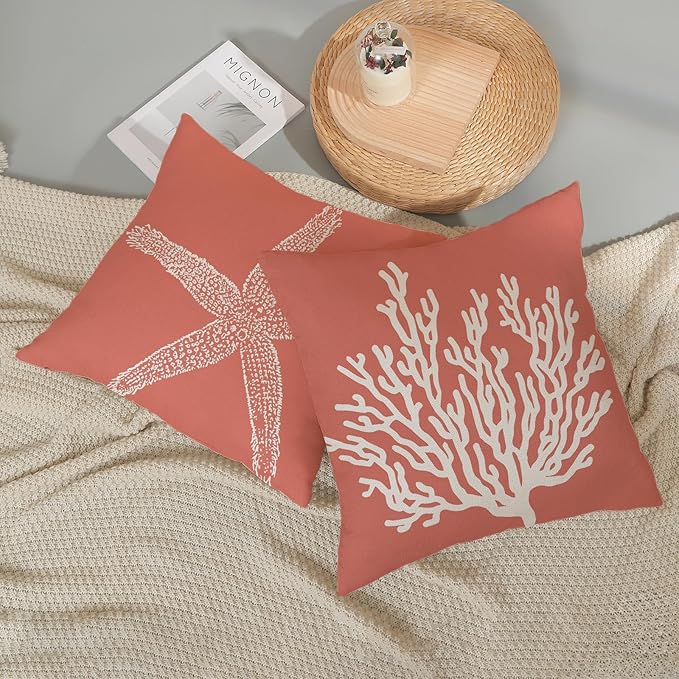 Orange Starfish Pillow Covers 16x16 Inch Set of 2, Nautical Ocean Coastal Coral Throw Pillows Spring Summer Decorations Linen Pillowcase Outdoor Decor Farmhouse Cushion Case for Home Holiday
