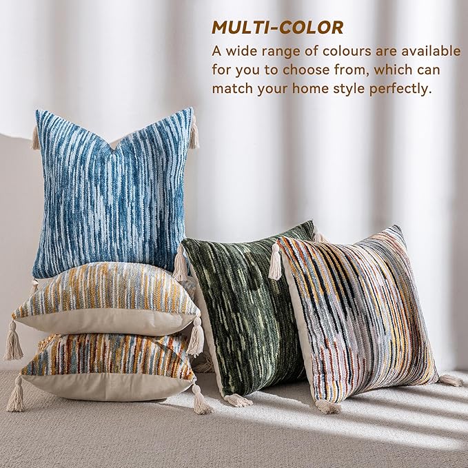 AmHoo Boho Throw Pillow Covers Set of 2 Decorative Bohemian Woven Tufted Striped Farmhouse with Tassels Textured Cushion Case Pillowcase Neutral for Sofa Couch Bed 18 x 18-Inch Black Brown