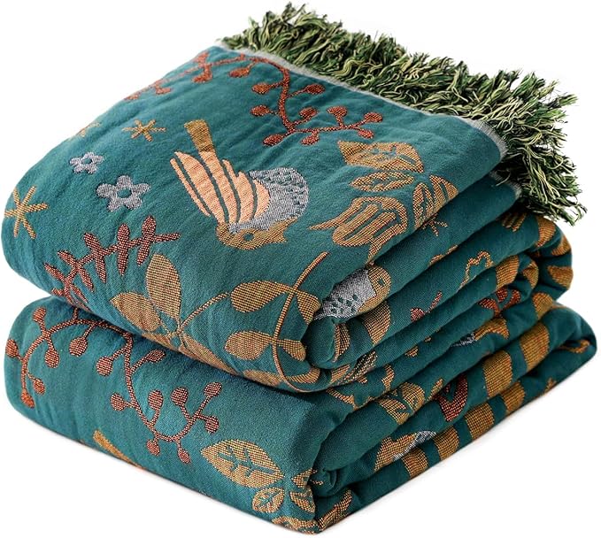 King Throw Blanket for Bed 100% Cotton Boho Soft Rustic Quilt Birds and Floral Double Embroidery Breathable Spring Bed Blanket,90"x108" All Season Blankets for Bedding Couch Room Decor
