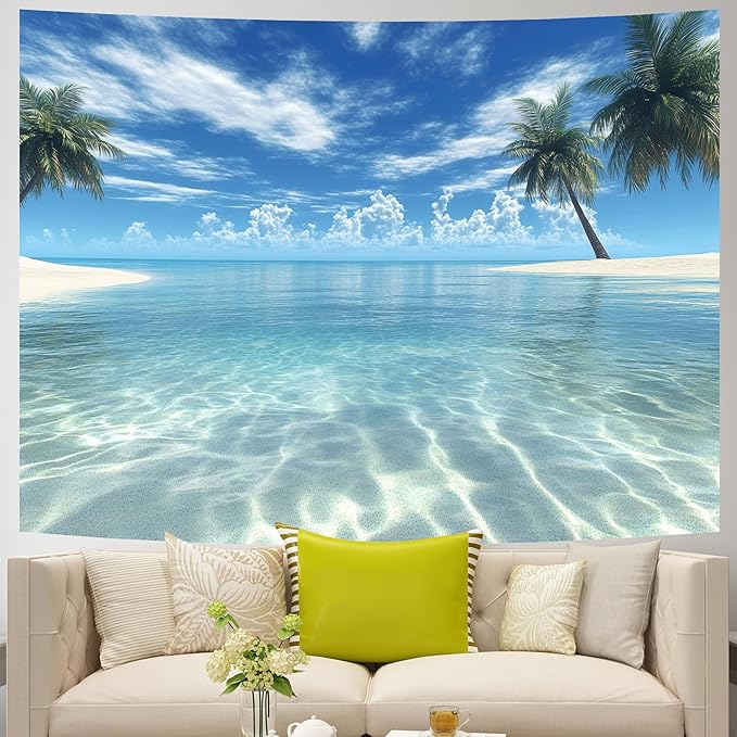 AOHMPT Ocean Tapestry, Beach Evening Sunset Tapestry, Natural Beach Palm Tree Landscape Tapestries Poster, Seaside Landscape Wall Hanging for Bedroom, Dorm Room and Living Room Wall Decor 79" L x 59" W