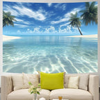 AOHMPT Ocean Tapestry, Beach Evening Sunset Tapestry, Natural Beach Palm Tree Landscape Tapestries Poster, Seaside Landscape Wall Hanging for Bedroom, Dorm Room and Living Room Wall Decor 79" L x 59" W