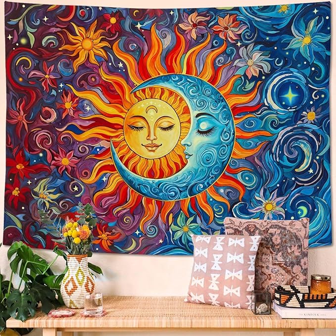 Sun and Moon Tapestry Boho Hippie Orange Red Blue Floral Tapestry for Bedroom Aesthetic Abstract Plant Flowers Stars Small Tapestries Wall Hanging for Living Room Dorm 60 x 44 Inch
