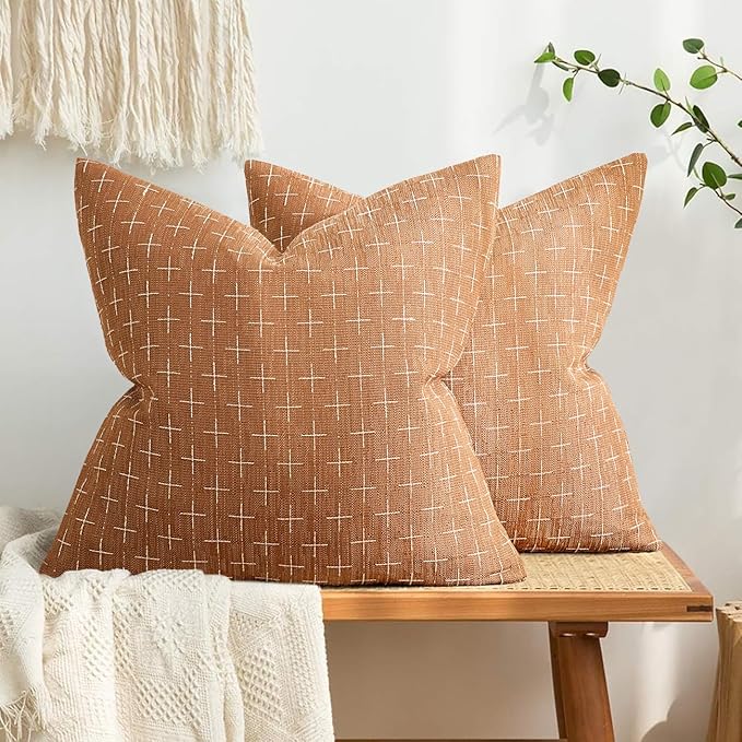 MIULEE Pack of 2 Decorative Burlap Linen Throw Pillow Covers Farmhouse Pillowcases Modern Rustic Woven Textured Cushion Cover for Sofa Couch Bed 18x18 Inch Brick