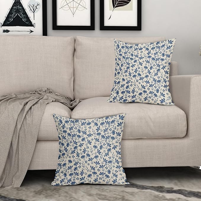 Blue Floral Pillow Covers 24x24 Set of 2 Vintage Rustic Old Style Cute Small Flower Cream Print Decorative Outdoor Pillowcases Farmhouse Throw Cushion Case Decor for Couch Sofa Bed