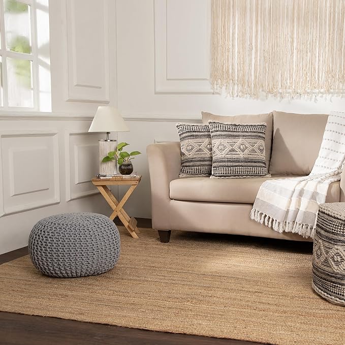 REDEARTH · Round Boho Pouf Ottoman - Cable Knitted Cord Boho Pouffe - Stuffed Poof Accent Beanbag Footrest for Living Room - Nursery - Bedroom - Covered Patio - Study Nook (19.5"x19.5"x14") - Gray