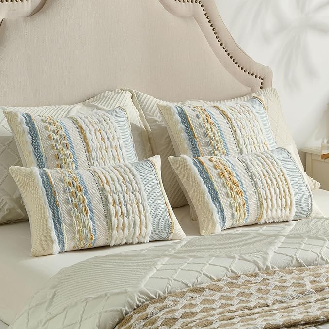 FUTEI Blue Light Green Yellow Accent Throw Pillow Covers Set of 2, 20x20 Inch Plush Tufted Striped Textured Decorative Cushion Cases for Farmhouse Boho Couch Decor