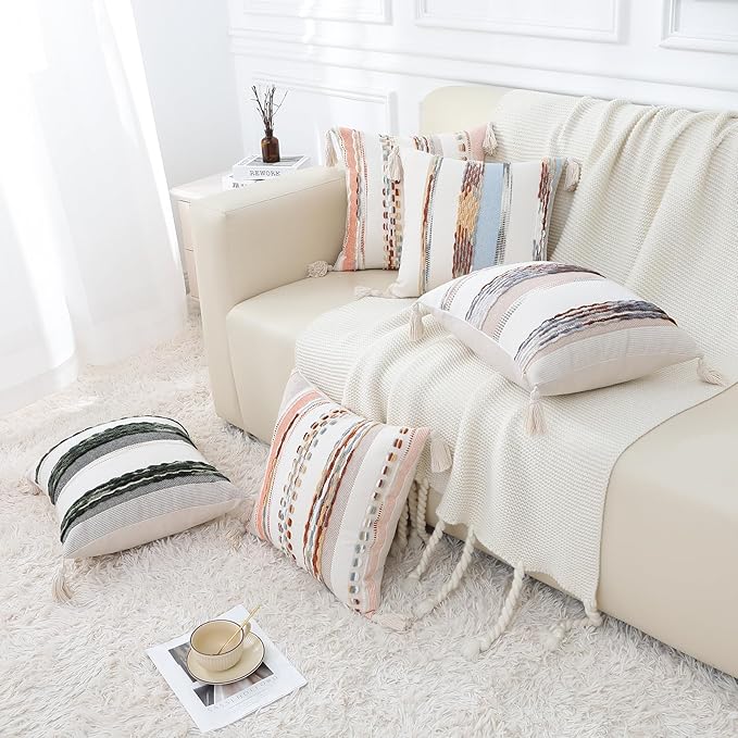 decorUhome Boho Decorative Throw Pillow Covers 18x18 Set of 2, Striped Chenille Tufted Pillow Covers with Tassels for Couch Bed Sofa, Cream White and Khaki