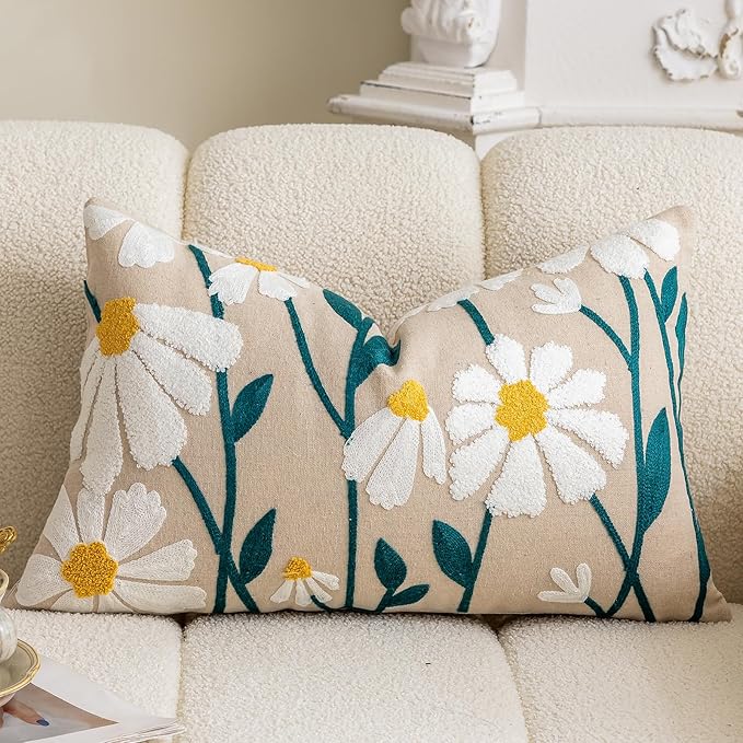 vctops Boho Floral Tufted Decorative Throw Pillow Cover Botanical Embroidered Cotton Cushion Cover for Couch Sofa Bed (Flower E,12"x20")