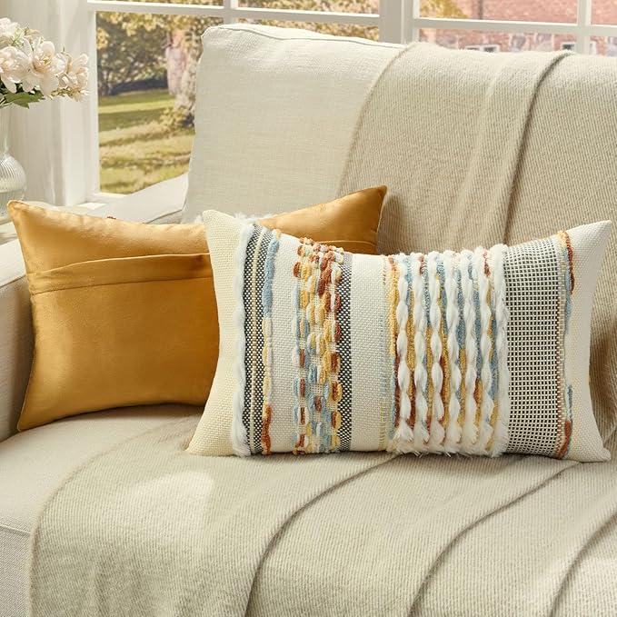 FUTEI Rust Blue Yellow Accent Throw Pillow Covers Set of 2, 12x20 Inch Plush Tufted Striped Textured Decorative Pillow Cases for Farmhouse Boho Couch Decor