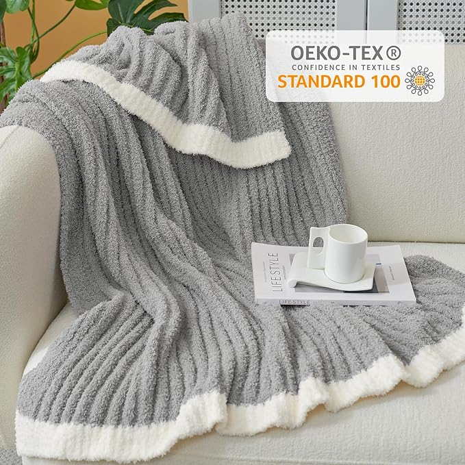 Snuggle Sac Fluffy Ribbed Grey Blanket Twin Size, Soft Luxurious Knit Fuzzy Microfiber Blankets for Couch, Sofa, Bed, Grey, 60x80 inches