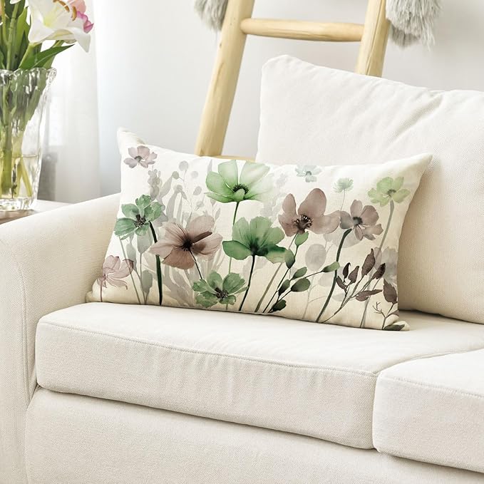 AVOIN colorlife Poppy Flowers Chinoiserie Spring Throw Pillow Cover, 12 x 20 Inch Sage Green Brown Seasonal Leaves Cushion Case Decoration for Sofa Couch Farmhouse