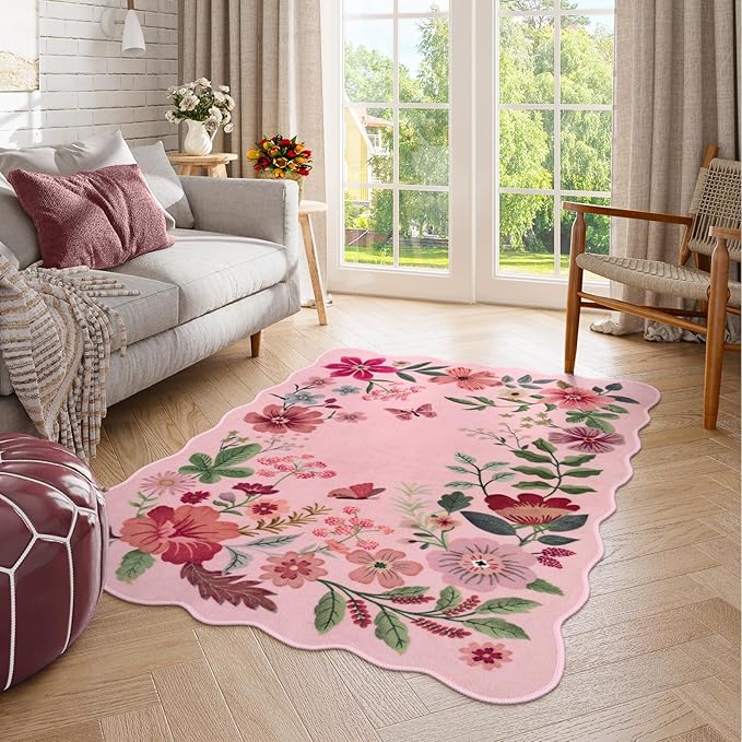 Lahome Floral Washable Rugs, 4X6 Pink Rugs for Bedroom Girls Ultra-Thin Soft Living Room Rug, Non-Slip Stain Resistant Boho Low-Pile Throw Carpet for ‎Nursery Office Flore (4x6ft, Pink)