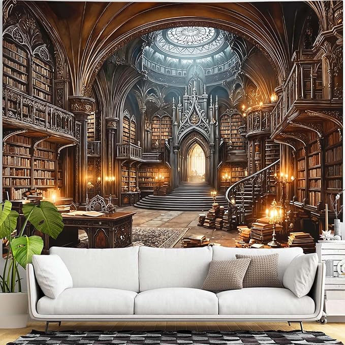 Accnicc Gothic Library Tapestry Medieval Bookshelf Tapestries Wall Hanging Goth Vintage Dark Academia Hall Library Backdrop Extra Large Tapestry for Bedroom Living Room Dorm Classroom 90 x 68 inch