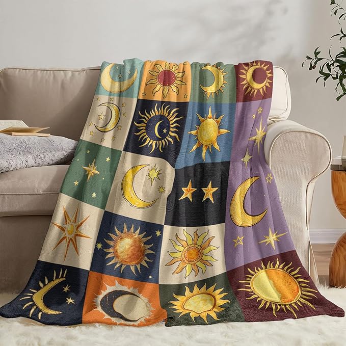 Sun and Moon Throw Blanket, Bohemian Soft Cozy and Warm Couch Blankets Gift for Sun and Moon Lover, Decorative Blankets for Sofa Couch Bed, Dark Brown 60×80 inches