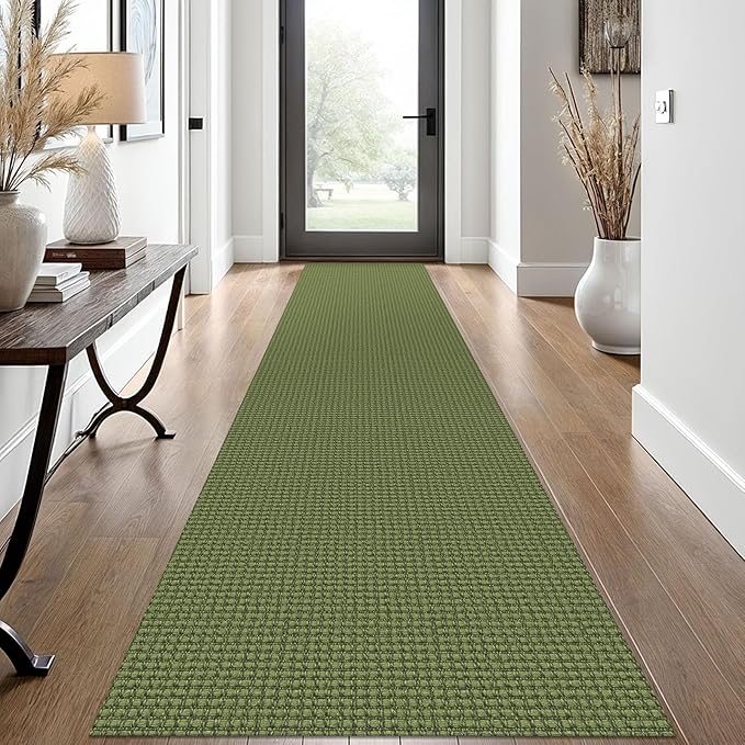 EARTHALL Woven Runner Rug 2x12 Ft Washable Runners for Hallways Extra Long Cotton Non Slip Rubber Backed Kitchen Runner Braided Indoor Floor Carpet for Entryway, Hall, Kitchen, Green