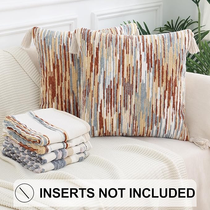 Simmore Fall Boho Decorative Throw Pillow Covers 18x18 Set of 2, Tufted Farmhouse Pillow Covers with Tassels for Cozy Bohemian Couch Sofa Bedroom Home Decor, Rust