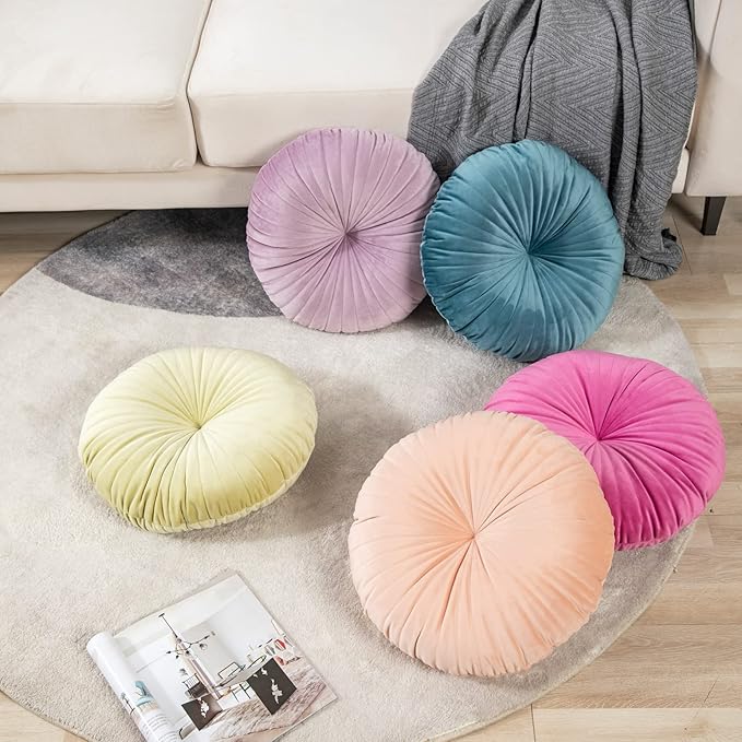 HLOVME Round Pillow Cushion for Couch Velvet Decorative Small Throw Pillow Solid Color for Living Room Bed Floor 15.7”, Light Purple