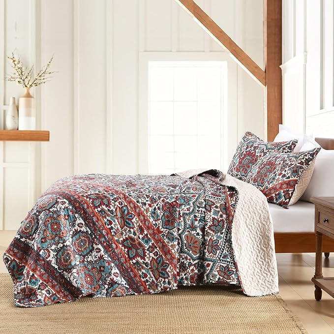 Horimote Home Boho Quilt King Size, Reversible Bohemian Style Twill Strip Floral Quilt Beddding Set, Colorful and Soft Bedspread Oversized King Quilt Coverlet for All Season, 2 Pillow Shams (3 Pieces)