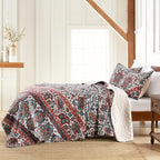 Horimote Home Boho Quilt King Size, Reversible Bohemian Style Twill Strip Floral Quilt Beddding Set, Colorful and Soft Bedspread Oversized King Quilt Coverlet for All Season, 2 Pillow Shams (3 Pieces)