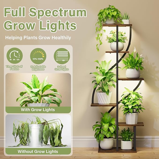 Plant Stand Indoor with Grow Light, 51" Tall Plant Stand for Multiple Plants, 6 Tiered Plant Shelf Indoor, Corner Metal Flower Plant Holder Display Rack for Living Room, Patio Decor