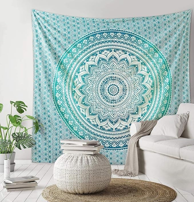 ANJANIYA Ombre Wall Hanging Bohemian Tapestry, Metallic Wall Art Bedspread, Psychedelic Hippie Mandala Dorm Décor for Hanging, Bedding, Beach Coverlet Curtain, Green, 54"X60"