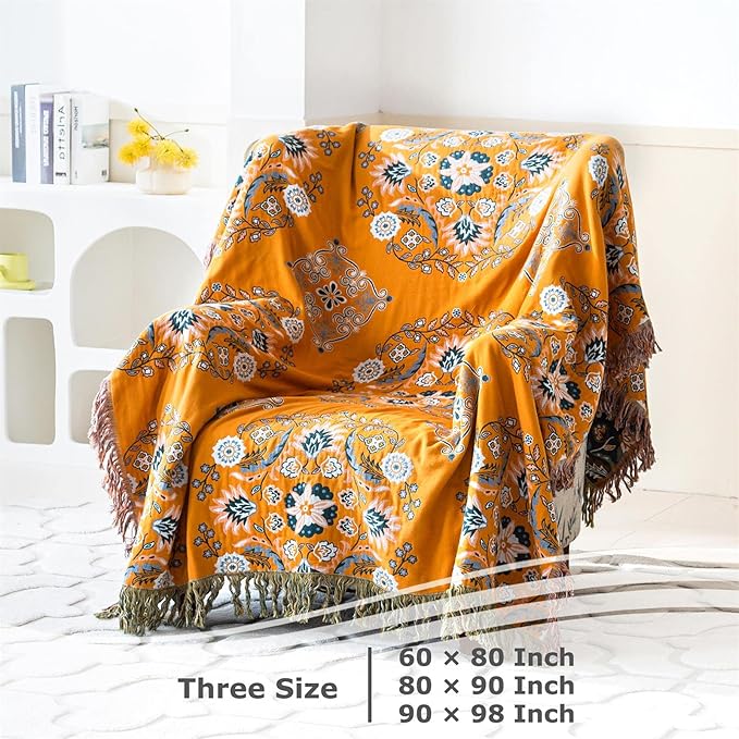 Boho Throw Blanket for Bed 100% Cotton Soft Lightweight Quilt Reversible Spring Blanket Floral Embroidery Home Decor Bed Blankets,90"x98" All Season Blankets for Sofa Couch Chair