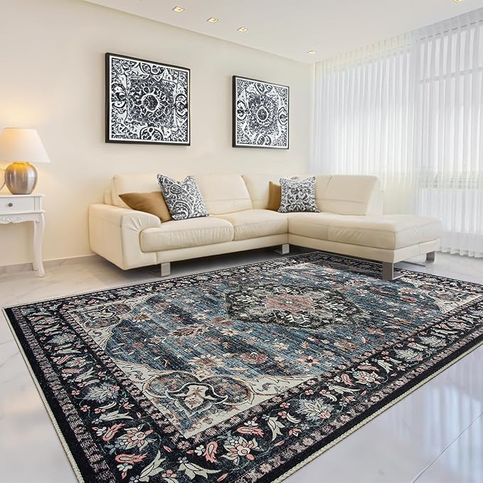 Amearea Vintage Design Navy Blue Area Rugs for Living Room, 4x6 Machine Washable Floral Collection Traditional Bedroom Rug, Low Pile Dinning Room Carpet, No Slip Office Kitchen Home Decor, Navy Blue