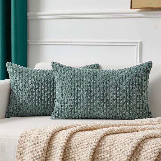 Kevin Textile 14x24 Inch Pillow Cover 1 Pack Boho Decorative Soft Striped Corduroy Lumbar Farmhouse Color Accent Rectangle Cushion Case for Living Room Couch Sofa Bed, Teal Green