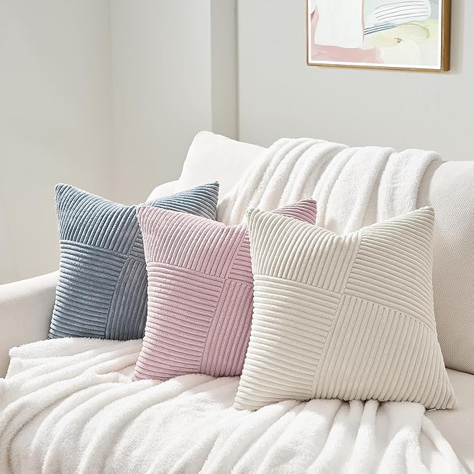 Topfinel 26x26 inches Euro Pillow Covers Set of 2 Dusty Blue Corduroy Decorative Throw Pillow Covers for Bedroom Living Room, Windmill Textured Striped Patchwork Couch Pillow Covers 65x65 cm