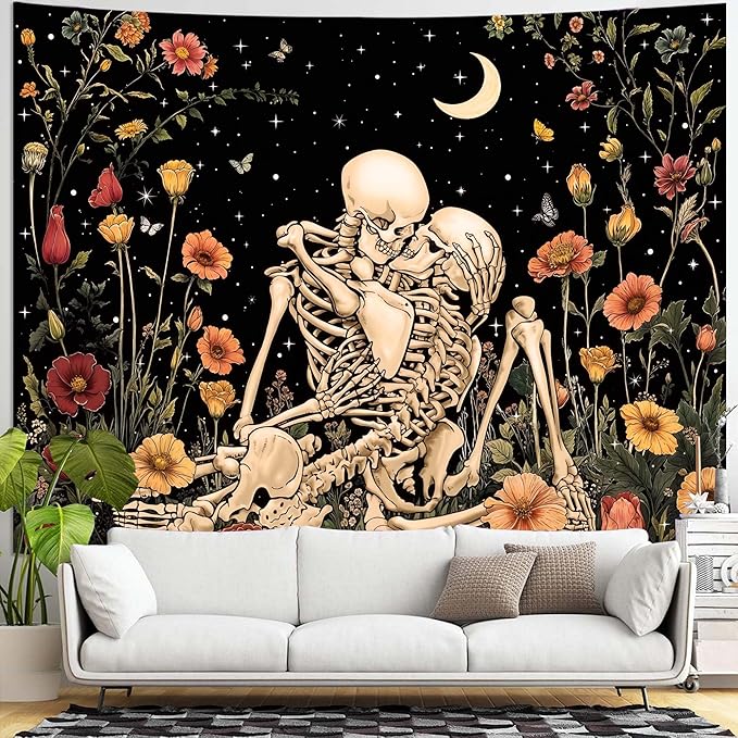 Accnicc Floral Skeleton Lovers Tapestry for Bedroom Gothic Skull Wall Tapestry Aesthetic Vintage Flower Plant Large Tapestries Wall Hanging for Living Room Dorm 80 x 60 Inch