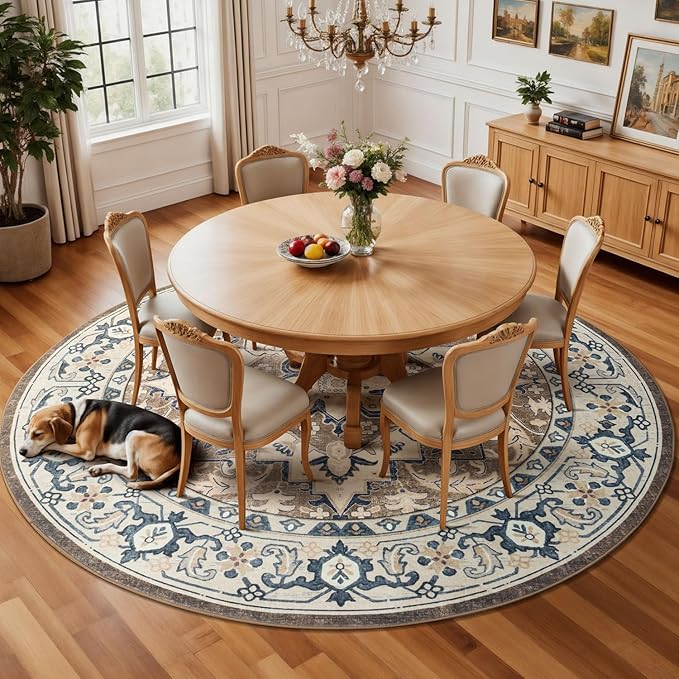 Lessymo 8FT Washable Round Area Rugs for Living Room, Non Slip Circle Rugs Low Pile Vintage Carpet for Bedroom, Dining Room, Nursery, Home Office, Brown Beige