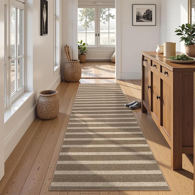 Lahome Elance Striped Easy Jute Kitchen Runner, 2x8 Washable Indoor Outdoor Entryway Runner Rug, Farmhouse Neutral Non Slip Non Shedding Carpet for Hallway Porch Foyer, Khaki