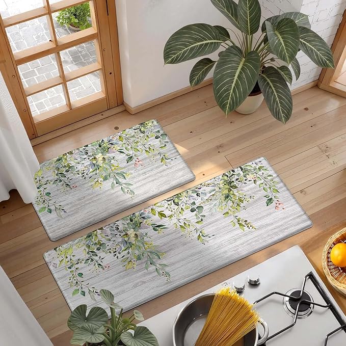 Kitchen Rug Mats for Floor Cushioned Anti Fatigue Green Eucalyptus Kitchen Rugs Sets of 2 Farmhouse Non Slip Waterproof Comfort Memory Foam Standing Floor Mat for Office Laundry Sink Desk