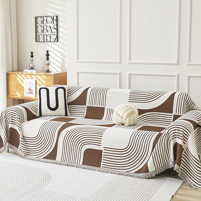 Boho Couch Cover Sofa Covers Washable, Chenille Couch Covers for 3 Cushion Couch Sofa Pet Friendly, Bohemian Sofa Slipcovers for Sectional Sofa, Loveseat, 2 3 4 Seater (91" x 150", Coffee)