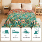 Boho Throw Blanket - 60"x80" 100% Cotton Ultra Soft Lightweight Spring Blanket, 4-Layer Breathable Muslin Blankets for Bed Couch, Reversible Green Floral Printed Bohemian Cotton Quilt