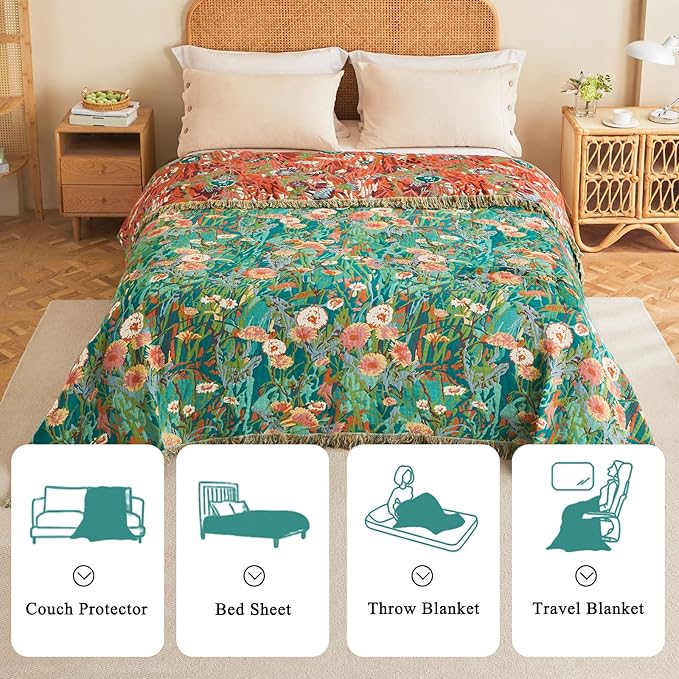 Boho Throw Blanket - 50"x60" 100% Cotton Ultra Soft Lightweight Spring Blanket, 4-Layer Breathable Muslin Blankets for Bed Couch, Reversible Green Floral Printed Bohemian Cotton Quilt