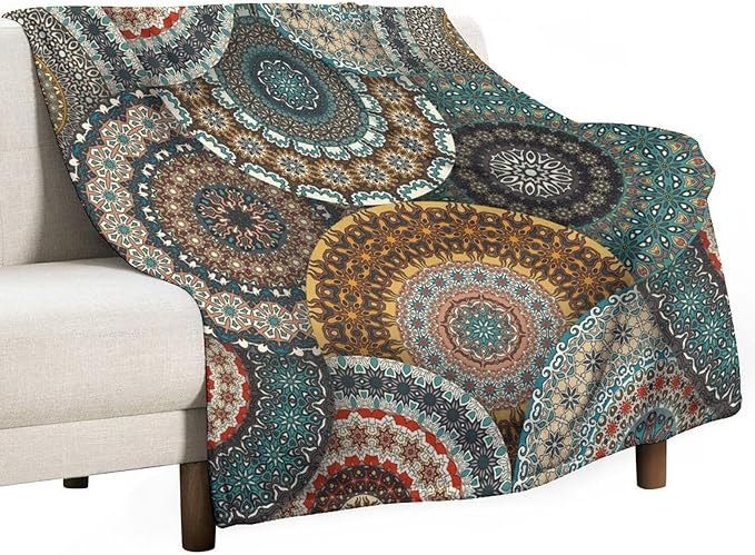 Bohemian Throw Blanket Colorful Vintage Floral Mandala Flower Aztec Boho Blanket for Sofa Bed Couch Chair Or Dorm 50"x60"