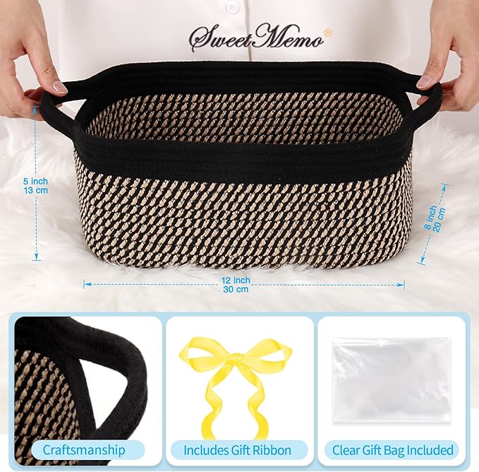Gift Basket Empty with Handles, 12x8x5 inch - Small Woven Basket for Baby Nursery, Toys, Towels, Wedding, Birthday Gifting - With Gift Bag & Ribbon (Black Brown, 1PC)