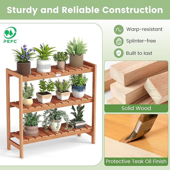 Giantex 3-Tier Plant Stand Indoor, Solid Wood Flower Pot Display Rack w/ Slatted Shelves, Take Oil Finish Bookshelf Shoe Rack, Indoor Outdoor Storage Shelf for Patio Garden Balcony Home Living Room Entryway