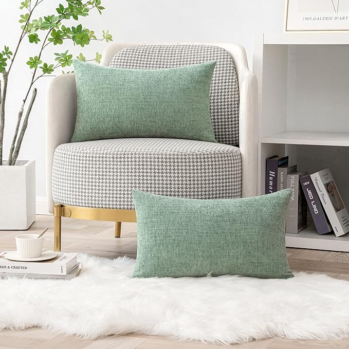 MIULEE Pack of 2 Couch Throw Pillow Covers 12x20 Inch Soft Greyish Green Chenille Lumbar Pillow Covers for Sofa Living Room Solid Dyed Cases