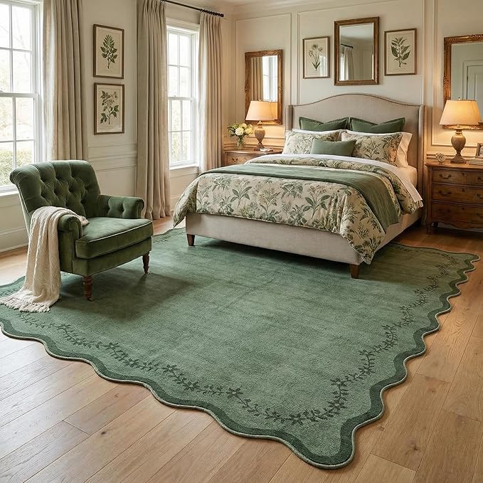 GarveeHome 5x7 Scalloped Area Rug Green Washable Rugs for Living Room Bedroom, Soft Low Pile Non Slip Accent Floor Mat Solid Floral Print Throw Rug Farmhouse Indoor Carpet for Dorm Playroom