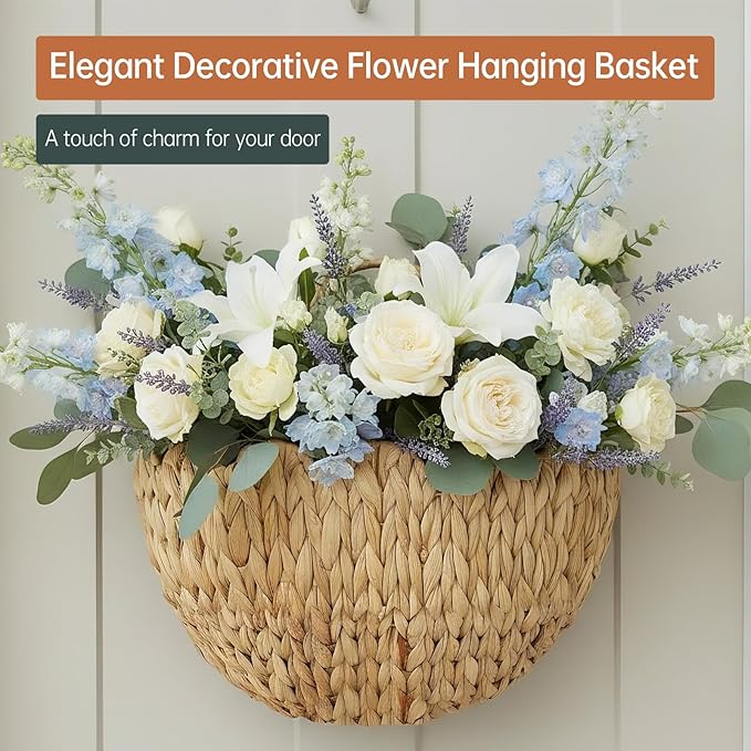 Wicker Hanging Basket,Scalloped Wall Basket for Organizing & Decor,Woven Water Hyacinth Hanging Wall Baskets for Flower,Mail,Stuffed Animals,Hanging Storage Baskets for Wall,Door,Nursery