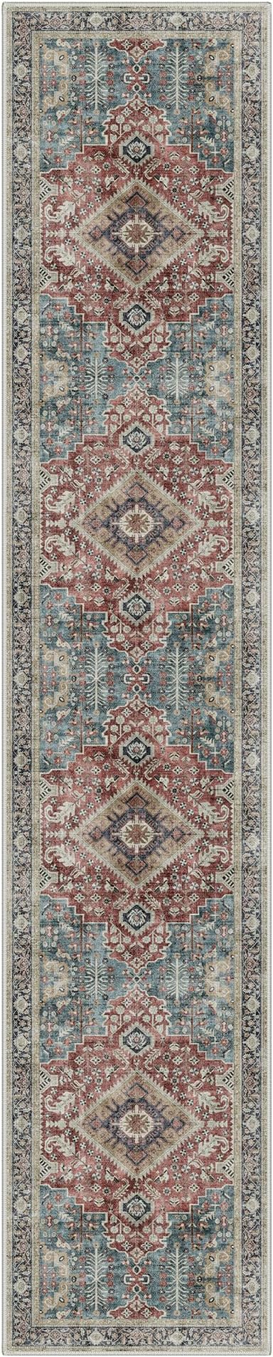 GENIMO 2X10 Washable Vintage Runner Rug for Hallway, Non-Slip Low Pile Chenille Print Rug, Soft Rugs for Indoor Entryway Kitchen Corridor, Indigo & Flush