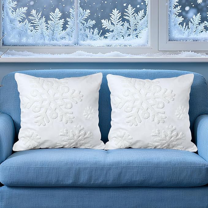 Winter Snowflake Embroidery Decorative Throw Pillow Covers 18 x 18 Set of 2, Tufted Snow Porch Outdoor Home Decor, Plush Faux Fur Jacquard Sofa Couch Cushion Case