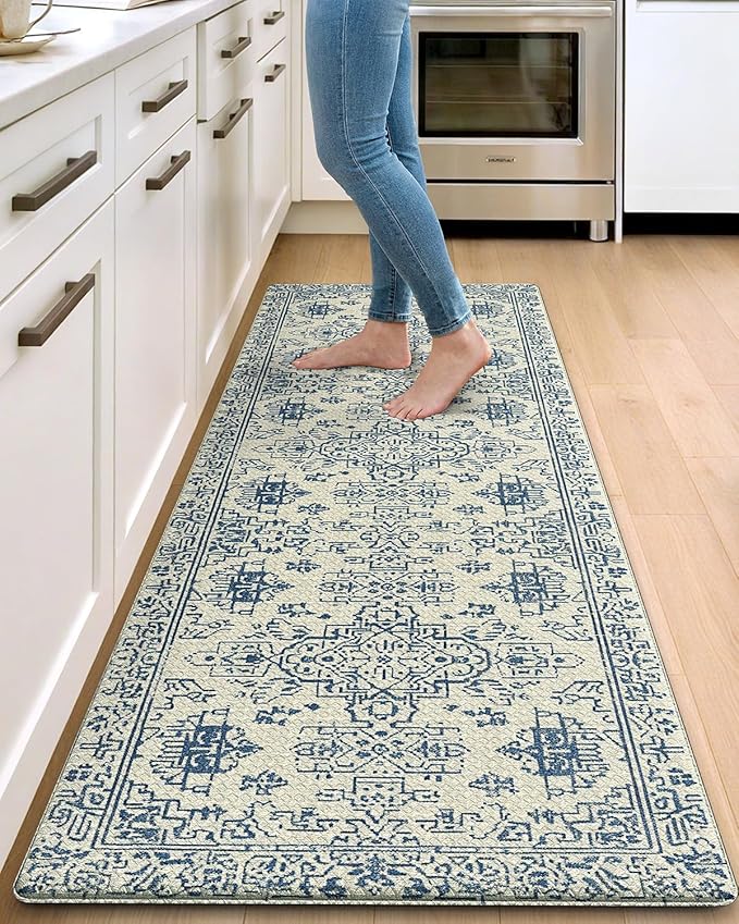 DEXI Kitchen Mats for Floor Cushioned, 23x59 Extra Large Wide Runner Rug Non Slip, Waterproof Soft Comfort Standing Padded Anti Fatigue Decorative, Blue White