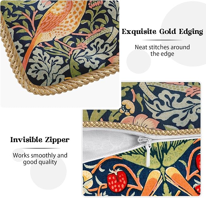 KSLIDS Navy Blue Sage Green Soft Velvet Throw Pillow Covers Set of 2 Red Strawberry Floral Bird Decorative Pillow Covers 16x16 Inch Vintage Chinoiserie Pillow Case for Sofa Couch Farmhouse Home Decor