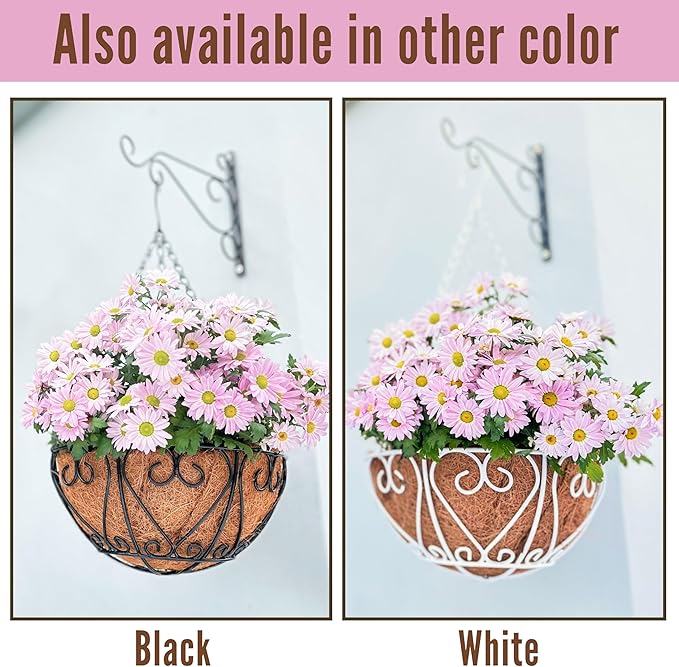LaLaGreen Hanging Baskets for Plants (16 Inch, 4 Pack) Extra Large Hanging Flower Pot with Coco Liner Black Metal Wire Round Plant Holder with Hanger Hook Chain Outdoor Patio Deck Balcony Garden Decor