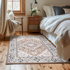 Lessymo 4 x 6 Area Rugs for Living Room- Machine Washable Area Rugs Boho Faux Wool Low Pile Area Rug for Bedroom, Floral Medallion Vintage Rugs Kid & Pet Friendly, Brown Beige
